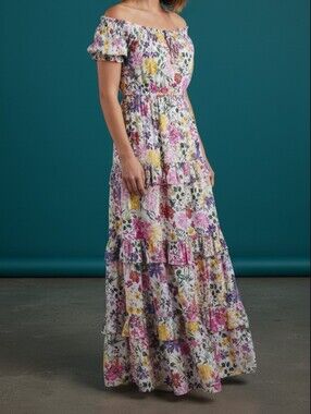 Astr Floral Off-Shoulder Tiered Maxi Dress in White with Pink, Yellow & Purple